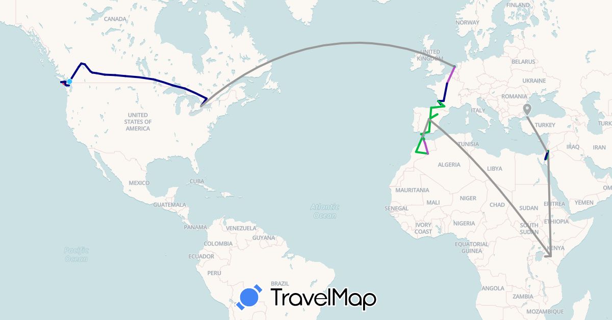 TravelMap itinerary: driving, bus, plane, train, hiking, boat in Canada, Spain, France, Jordan, Kenya, Morocco, Netherlands, Turkey (Africa, Asia, Europe, North America)